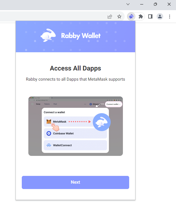If opening Rabby for the first time, click "Next" on the first screen and then "Get Started" on the next screen.