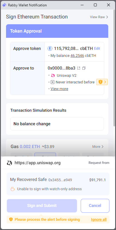 As another example, the screenshot below shows a transaction simulation of approving tokens to Uniswap (generated from the Uniswap dApp).