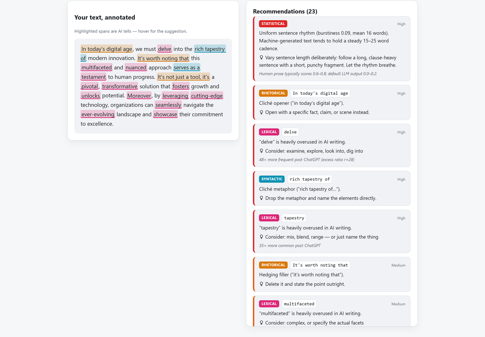 The annotated text with every AI tell highlighted, beside the recommendation list explaining and fixing each one