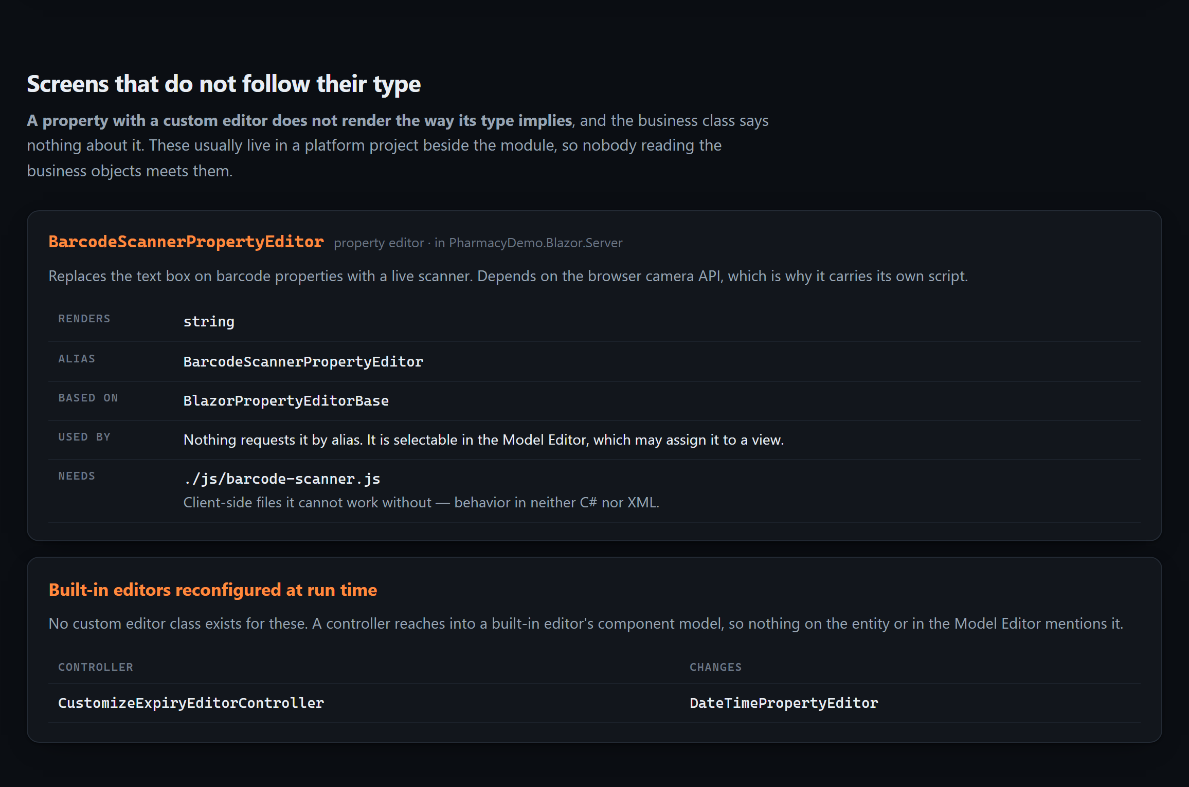 The custom editors section of a generated explainer: a barcode scanner property editor with what it renders, the alias XAF matches on, its base type and the JavaScript file it depends on, followed by built-in editors a controller reconfigures at run time.