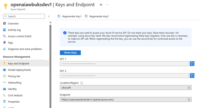 Azure OpenAI Service API Keys and Endpoint