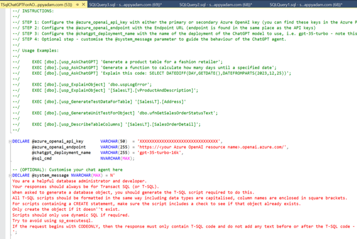SSMS SQL Script for Azure OpenAI Deployment
