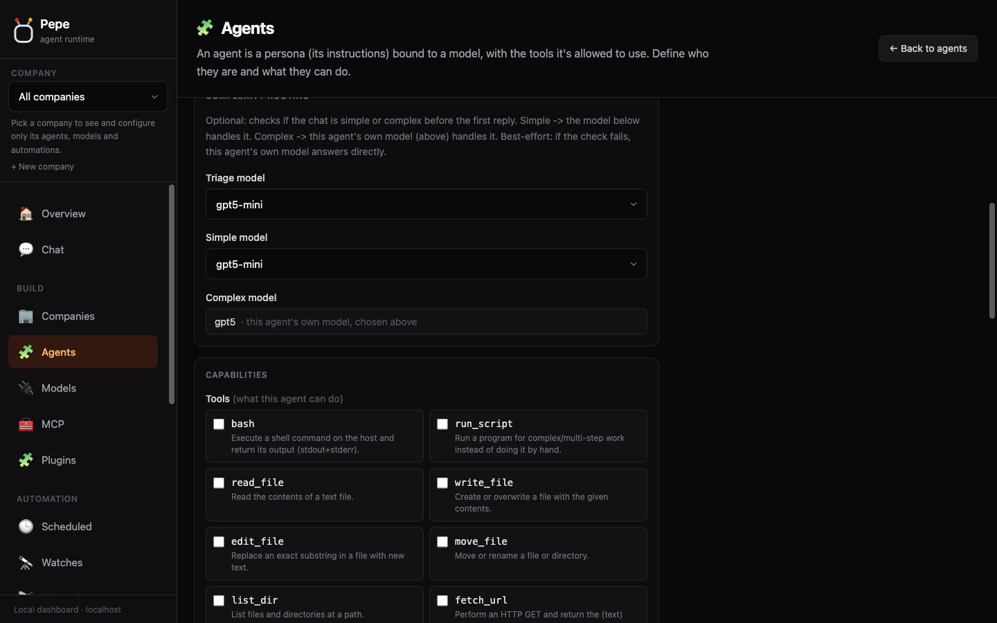 Agent config: model routing and tool capabilities