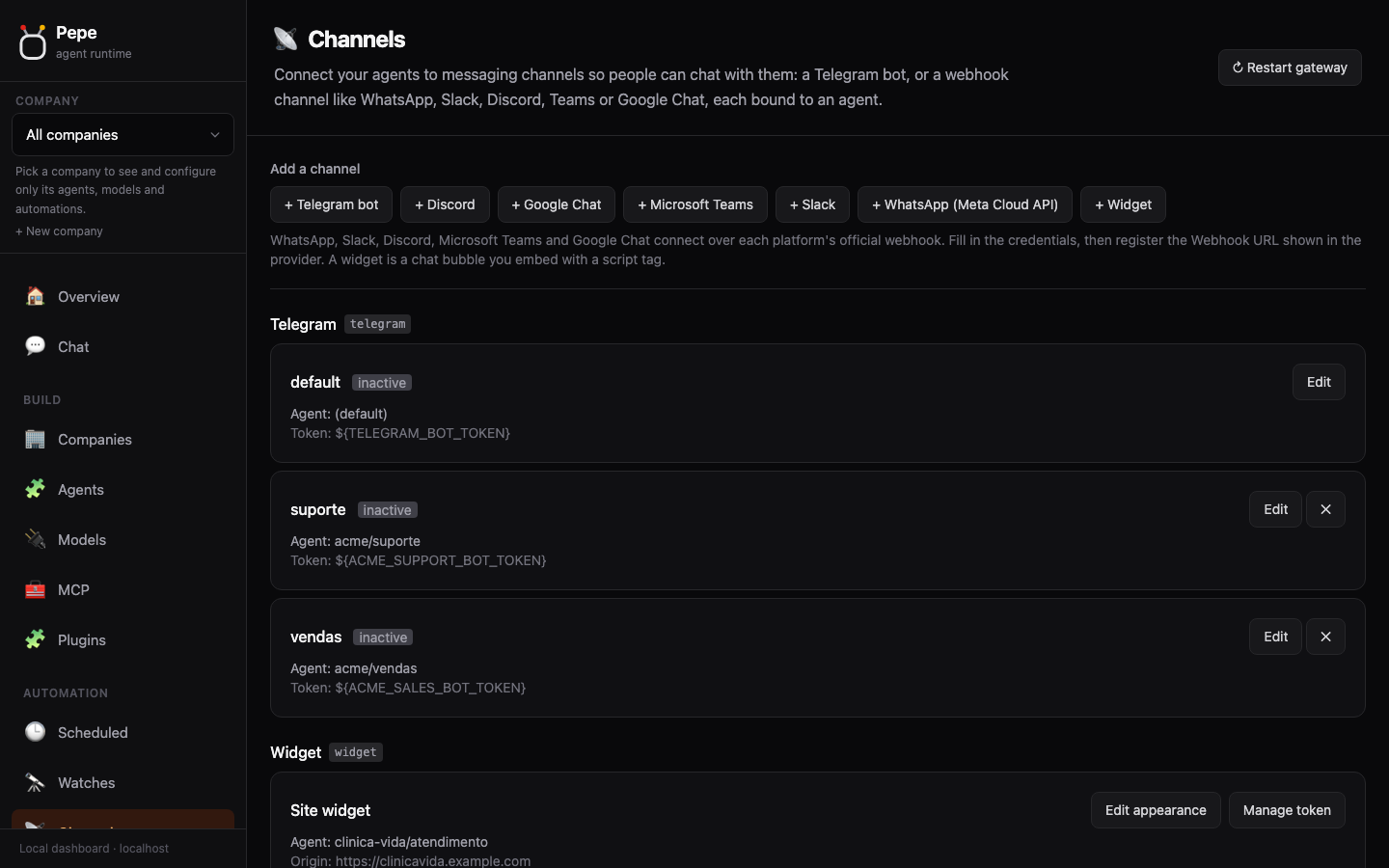 Channels: Telegram, WhatsApp, Slack, Discord, Teams, widget