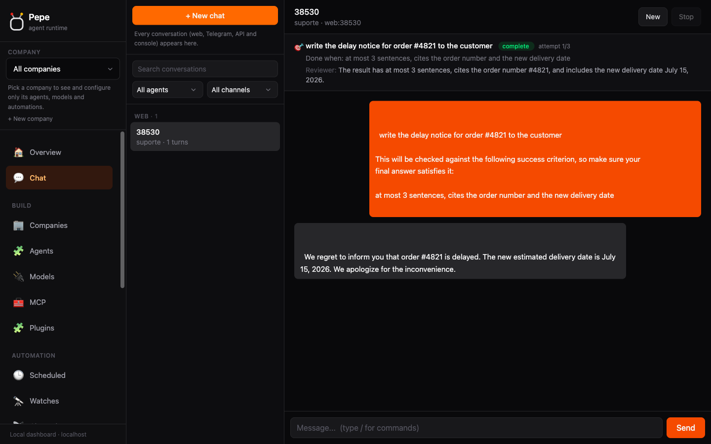 Pepe dashboard showing a goal-driven chat: the objective, success criterion, attempt count, and the reviewer's verdict