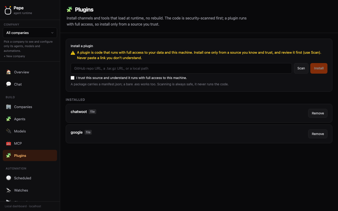 Plugins: install channels and tools that load at runtime, scanned first