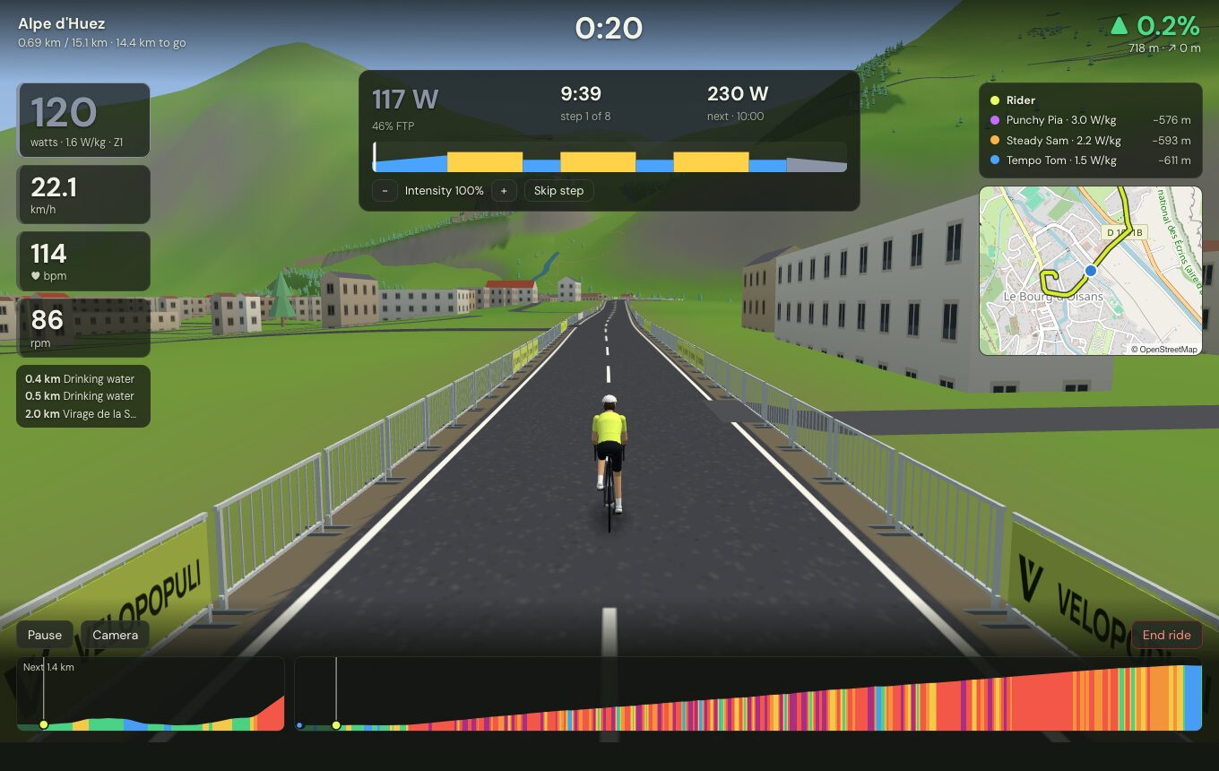 A sweet-spot workout in ERG with the step targets shown above the road