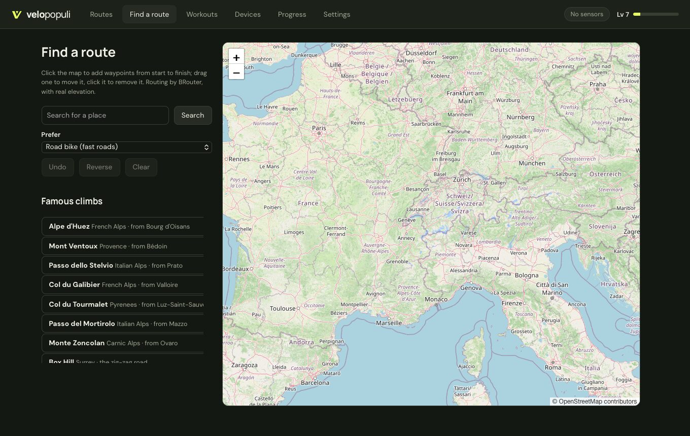 The route finder: a map, place search and famous climbs