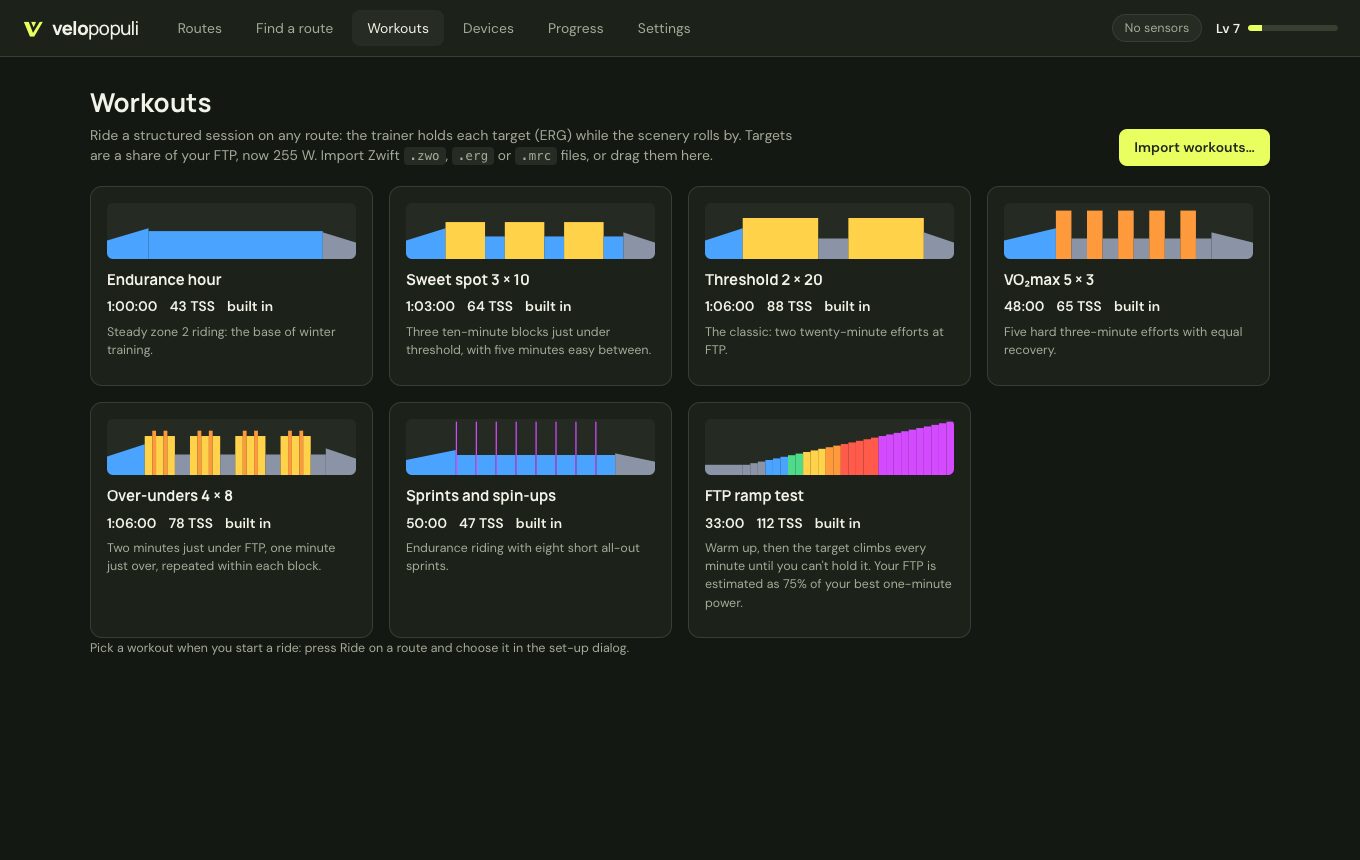 Built-in workouts with their power profiles