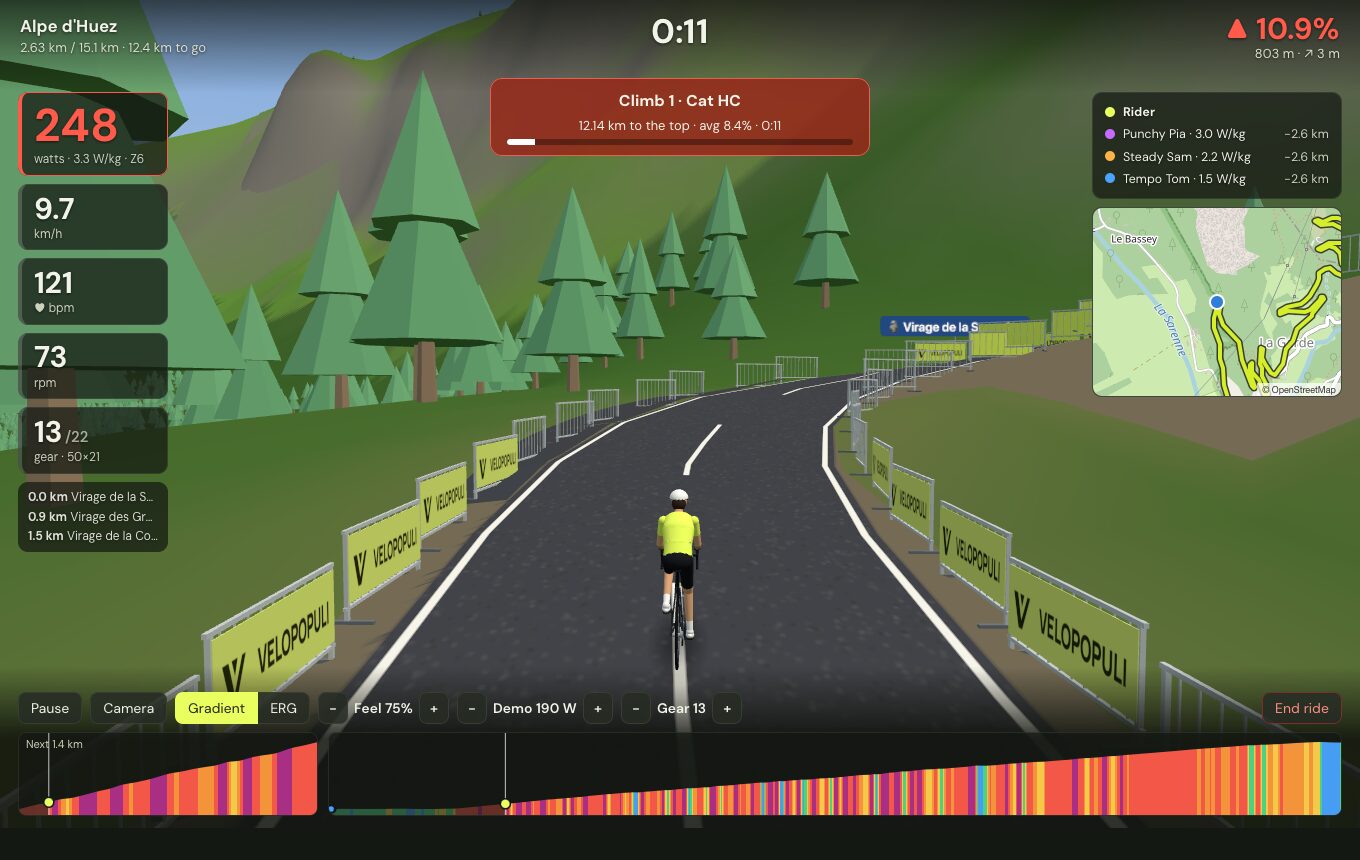 Riding in gear 13 of 22 (50×21) on a compact chainset, with Gear − + in the controls