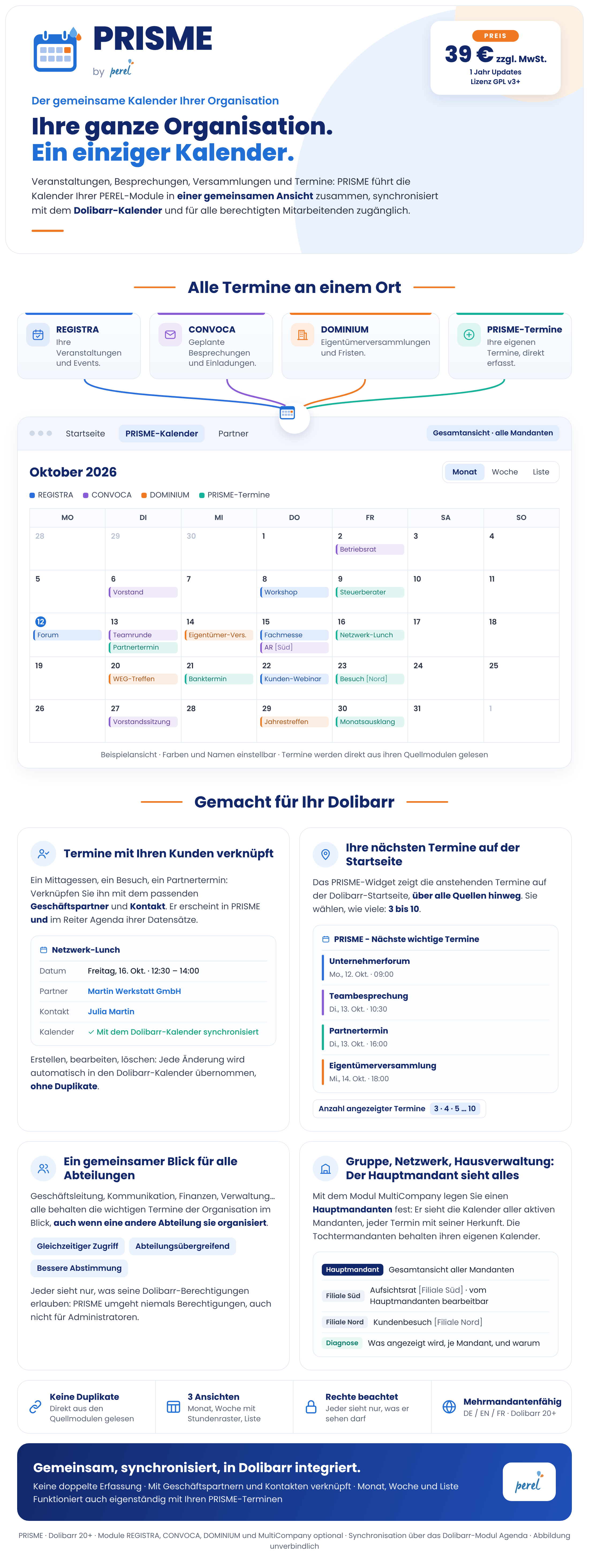 PRISME – Gemeinsamer Kalender und zentrale Terminverwaltung für Dolibarr. Organisieren Sie Geschäftstermine, Besprechungen, Veranstaltungen, Generalversammlungen und Eigentümerversammlungen in einem einheitlichen Kalender. Erstellen Sie eigene Termine, verknüpfen Sie sie mit Geschäftspartnern und Kontakten und synchronisieren Sie sie automatisch mit dem Dolibarr-Kalender. REGISTRA-Veranstaltungen, CONVOCA-Besprechungen und -Einladungen sowie DOMINIUM-Eigentümerversammlungen aus kompatiblen PEREL-Modulen werden automatisch angezeigt – ohne doppelte Erfassung. Ansichten Monat, Woche und Liste, Beachtung der Benutzerberechtigungen, direkter Zugriff auf die Quellmodule, mandantenübergreifende Gesamtansicht mit MultiCompany und ein Startseiten-Widget mit 3 bis 10 anstehenden Terminen. Zentralisieren Sie Terminplanung, Besprechungsorganisation und Veranstaltungsübersicht in einem gemeinsamen Dolibarr-Kalender.