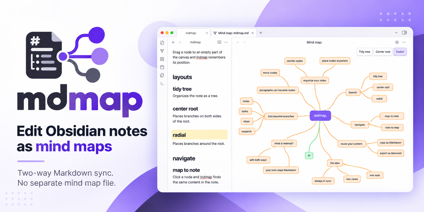 mdmap: edit Obsidian notes as mind maps. Two-way Markdown sync. No separate mind map file.