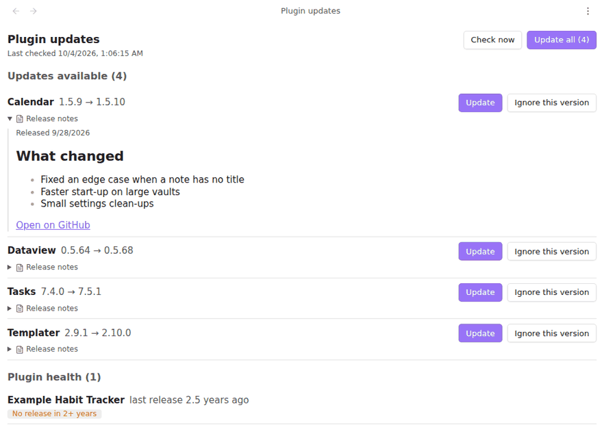 The Plugin updates view listing four plugins with installed and available versions, release notes opened for one of them, and a plugin health section with a "No release in 2+ years" flag
