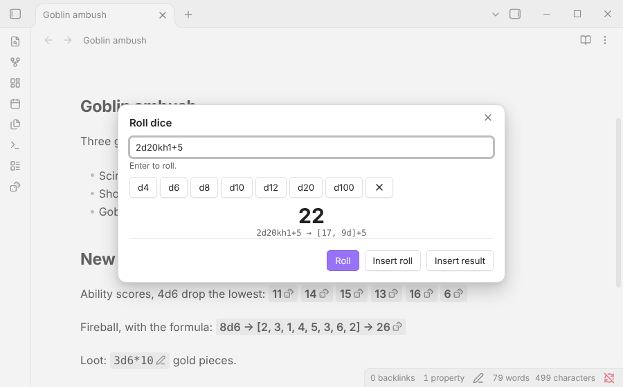 The roll dialog with a formula, quick die buttons, recent formulas and the result