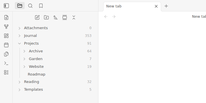 The file explorer with a number beside each folder: Journal 353, Projects 91 (Archive 64, Garden 7, Website 19), Reading 32, Templates 5, Attachments 0