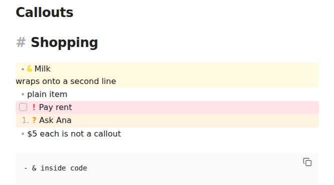 A shopping list in Live Preview: the "&" item has a yellow background, the "!" task a red one and the "?" item an orange one; "$5 each" and a code block are left alone