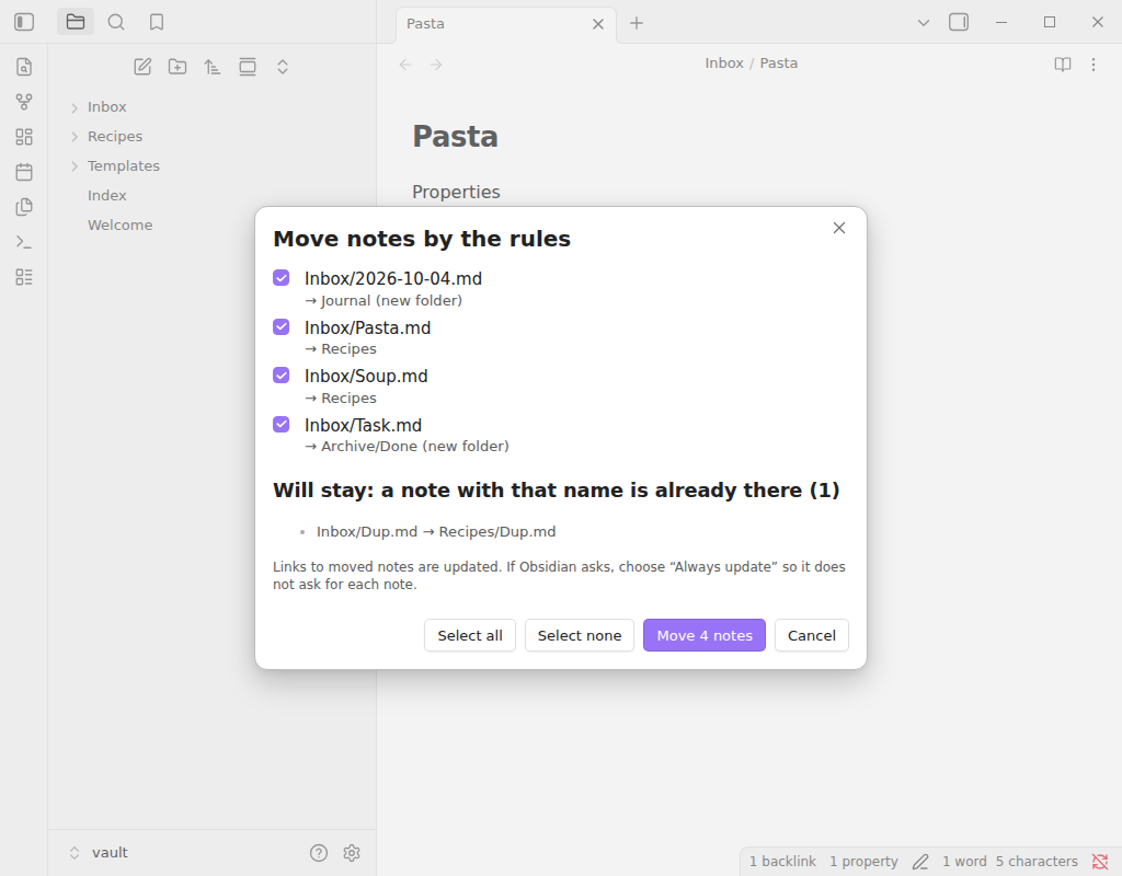 The preview: four notes from the inbox ready to move to Recipes, Journal and Archive, one note that stays because a note with that name is already there