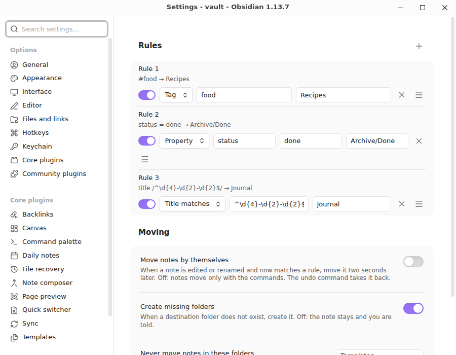 The settings: three rules, each with a condition and a folder