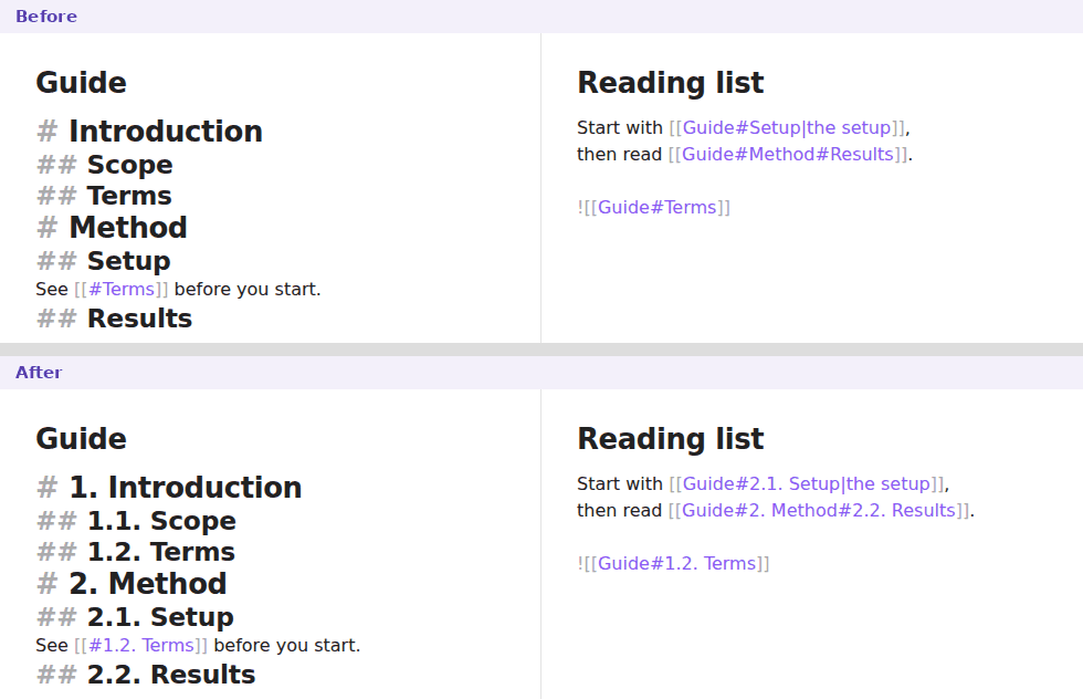 Before and after numbering: the Guide note on the left, and on the right a note whose links to Guide headings were rewritten to the numbered names