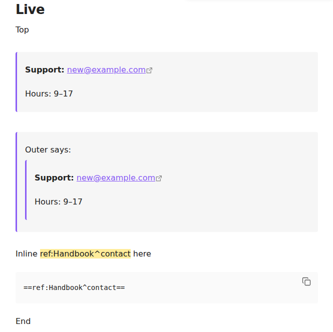 A note in Live Preview showing two shared blocks rendered in place, one nested inside the other