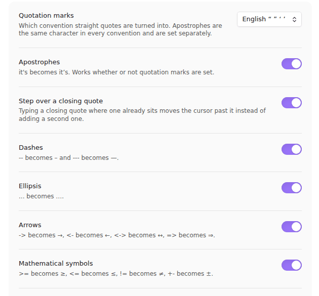 The settings tab: a quotation mark convention dropdown and one switch per group