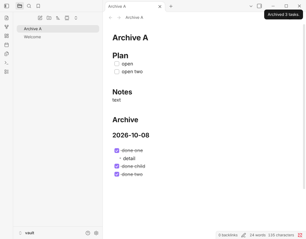 A note with its open tasks on top and the finished ones under an Archive heading and today's date, with a notice "Archived 3 tasks"