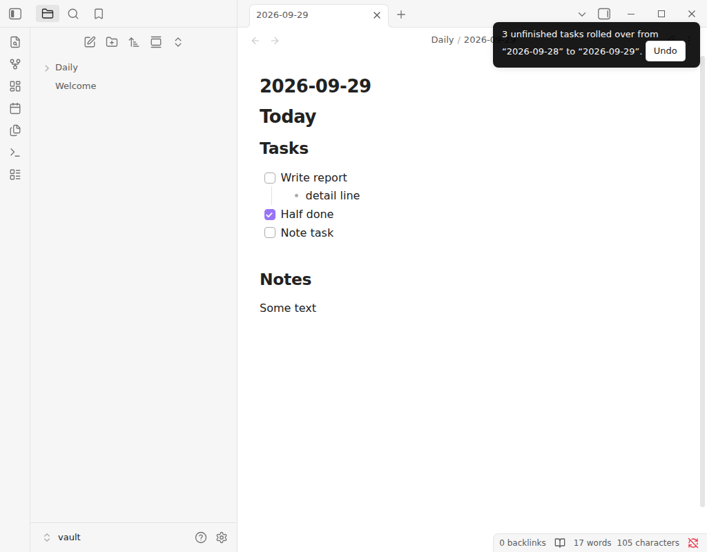 Today's daily note with the three unfinished tasks under the Tasks heading and a notice "3 unfinished tasks rolled over" with an Undo button