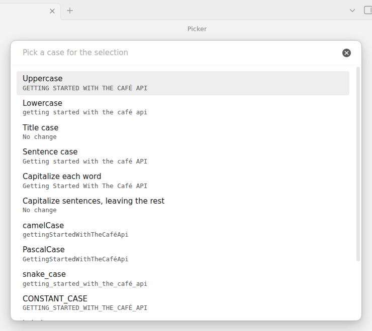 The Change case picker, previewing each case on the selected heading
