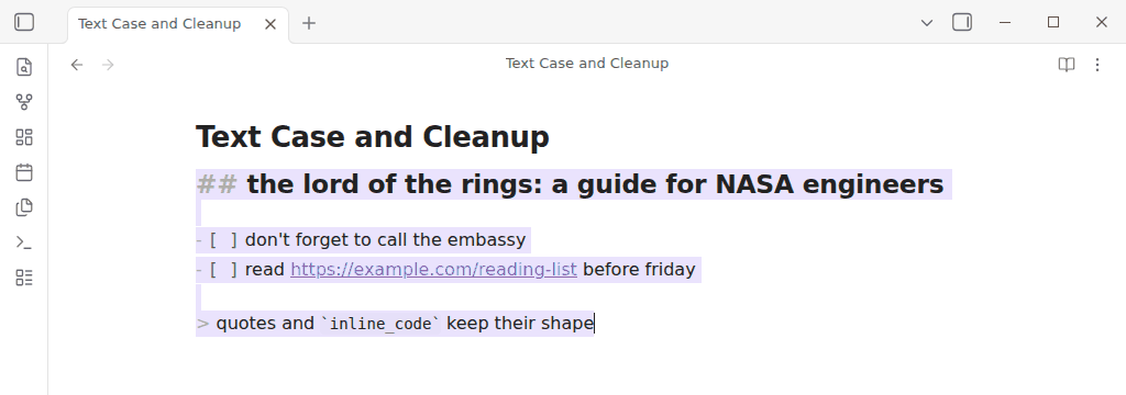 Selecting a note and running Title case from the command palette