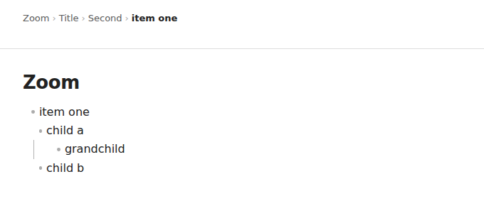 A list item zoomed: only "item one" and its nested items show, with the crumbs Zoom, Title, Second, item one