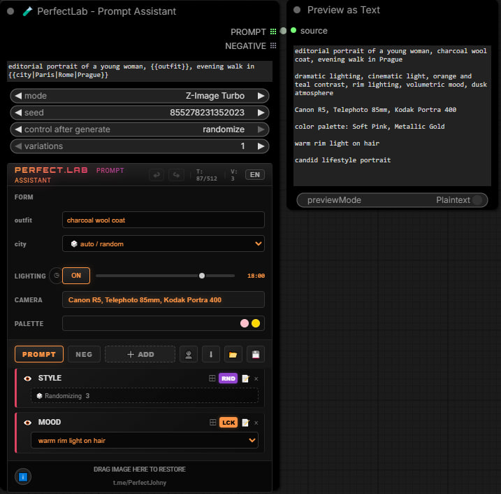 The Prompt Assistant node with the form, lighting, camera and categories