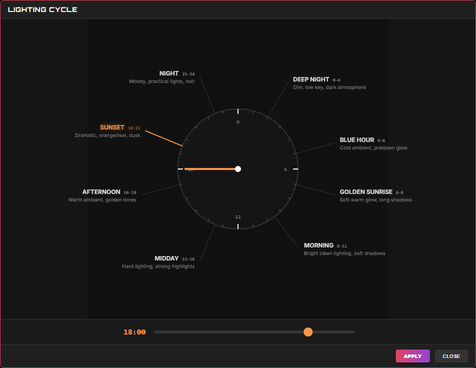 Interactive lighting clock: eight phases of day on a draggable dial