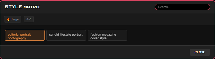 Matrix view with search and usage counters
