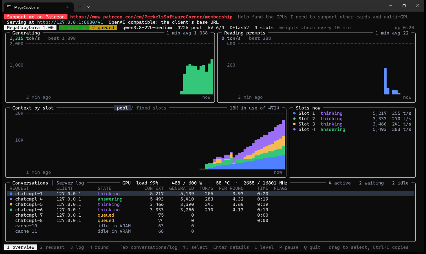 The server's dashboard in Windows Terminal, four agents writing and two waiting