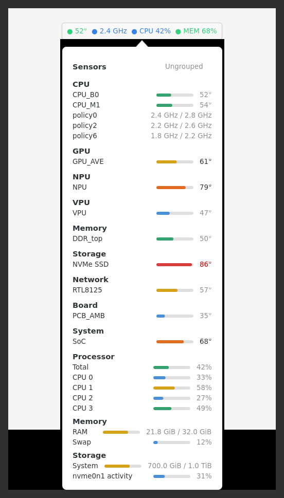 Sensors popover — narrow