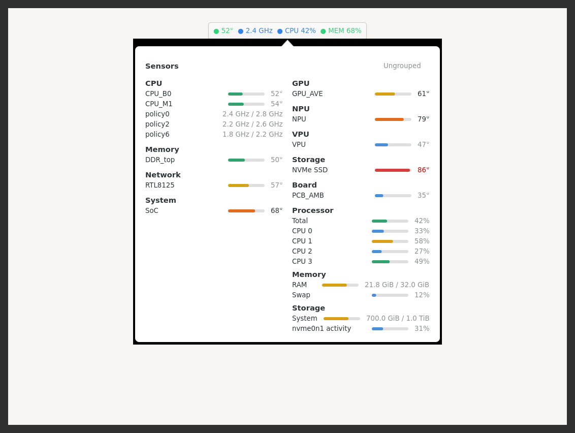 Sensors popover — wide