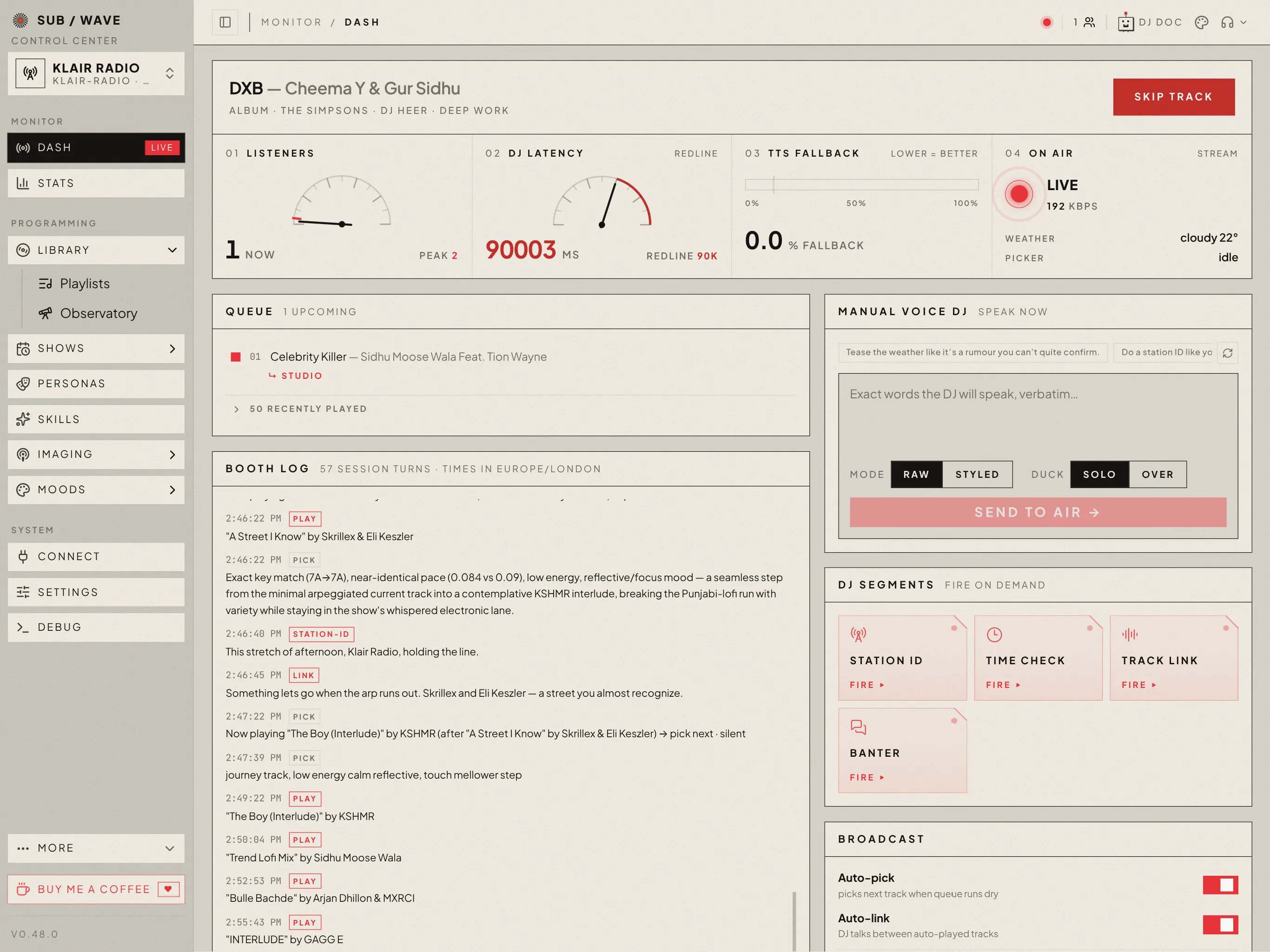 관리자 대시보드에서 실시간 청취자 수, DJ latency, TTS fallback, queue, booth log와 방송 제어를 확인하는 화면입니다.