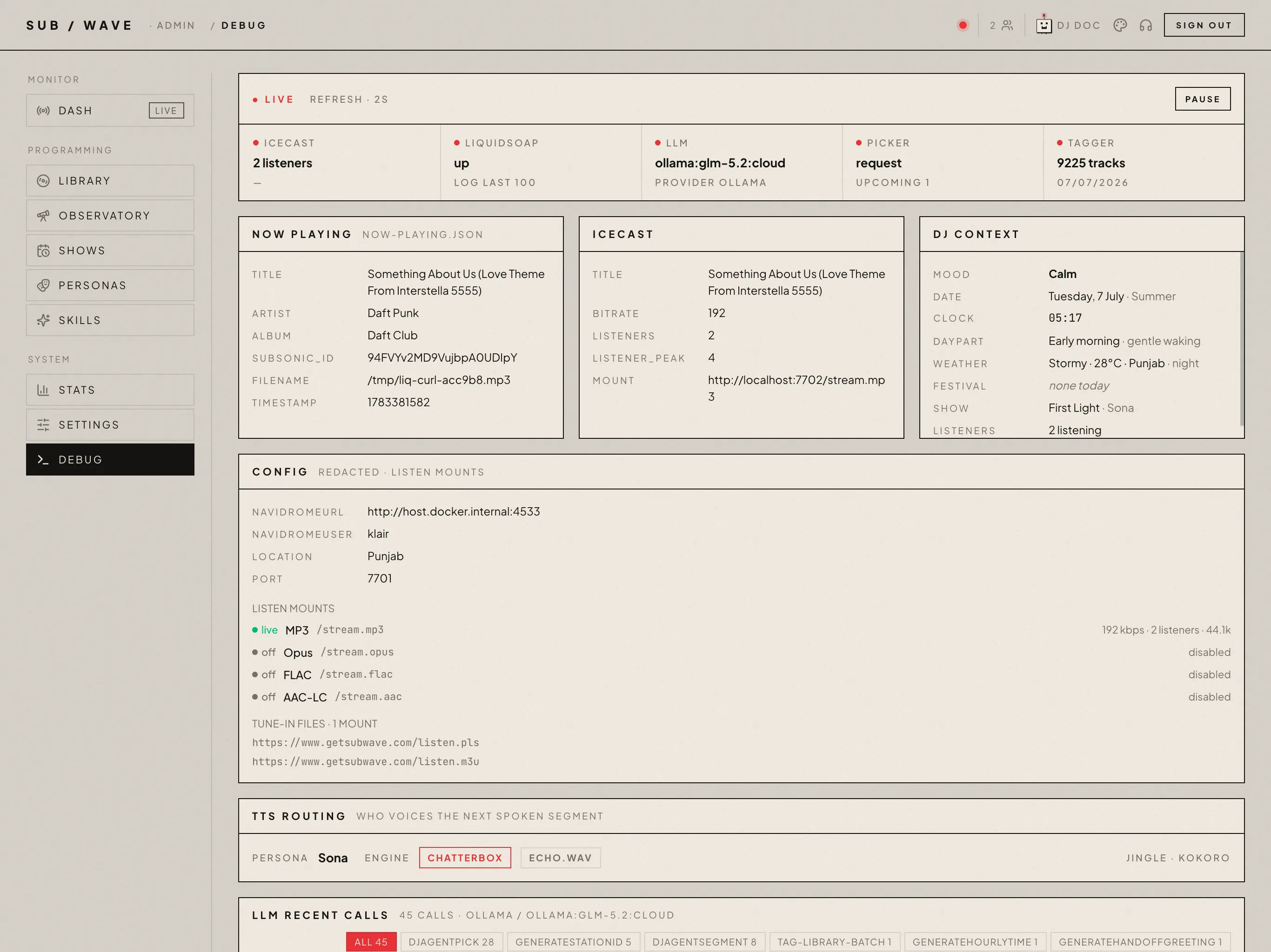 Admin — Debug: health, logs, LLM calls