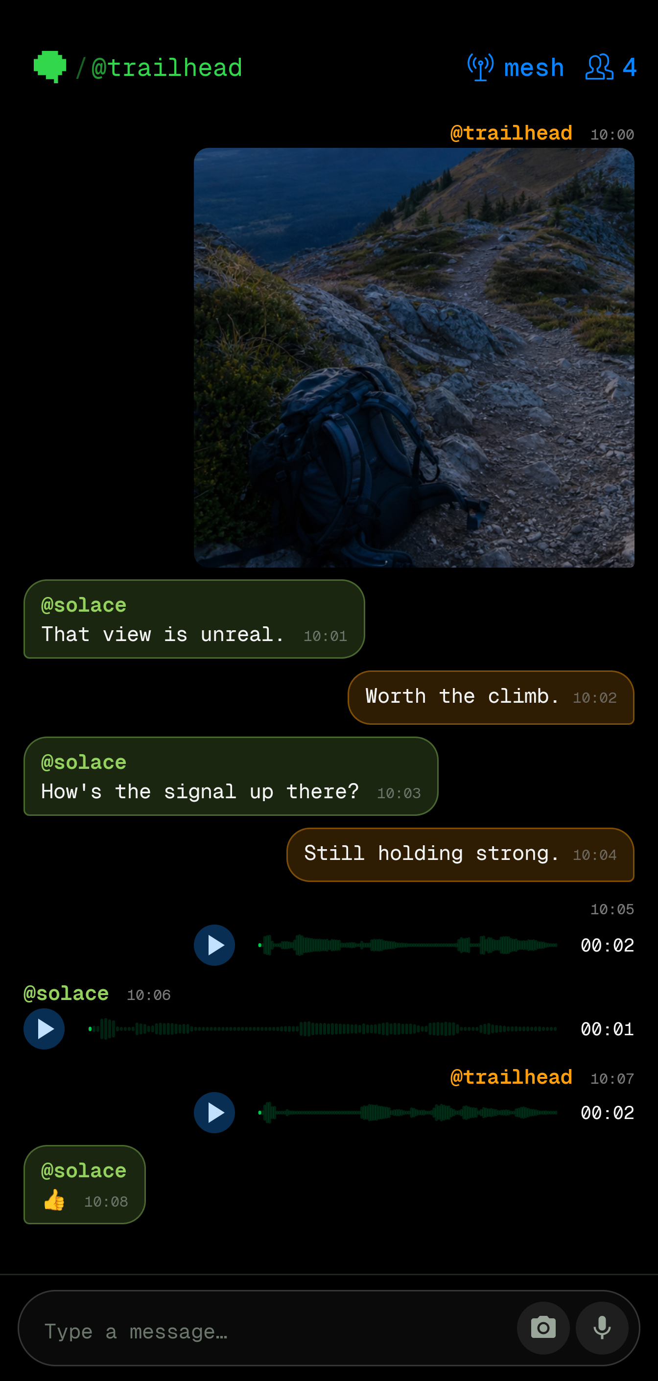 Active four-peer Bitchat mesh conversation with an image, voice messages, and text messages