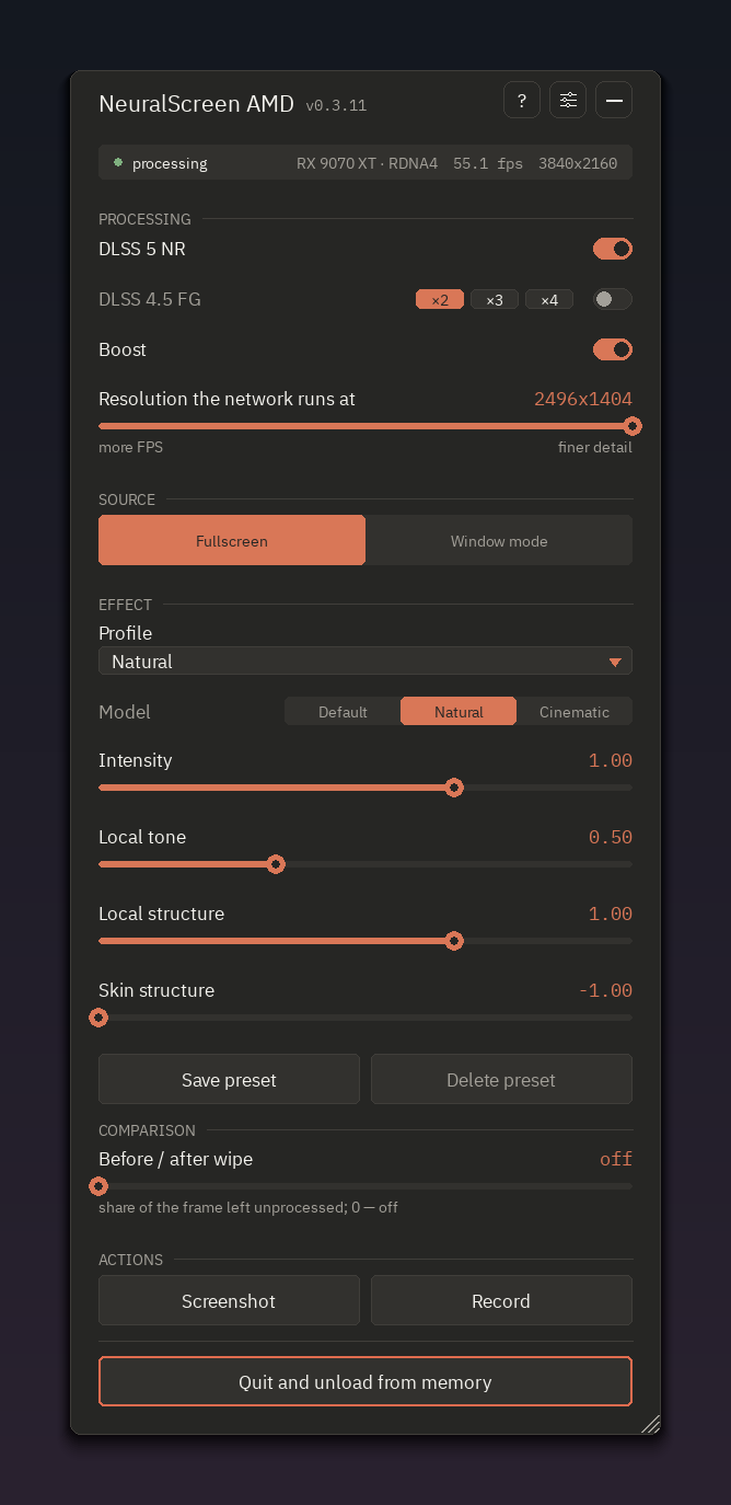 NeuralScreen AMD 0.3.24 na interface escura da edição para Radeon