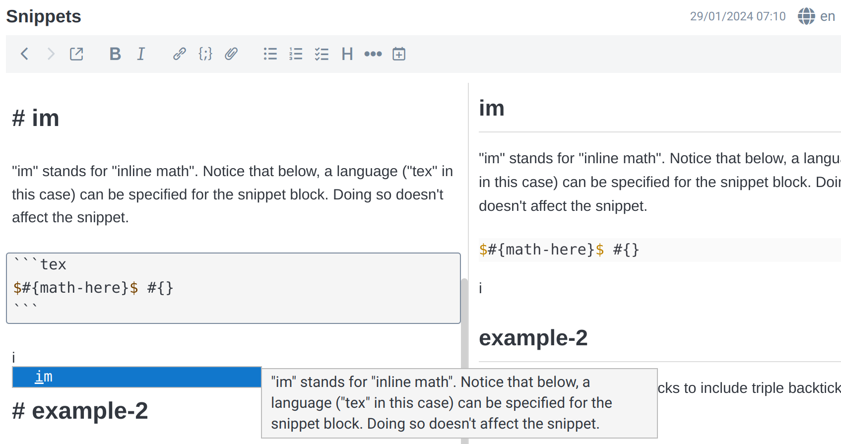 An autocompletion menu is shown, showing an 'inline math' autocompletion and information about it.