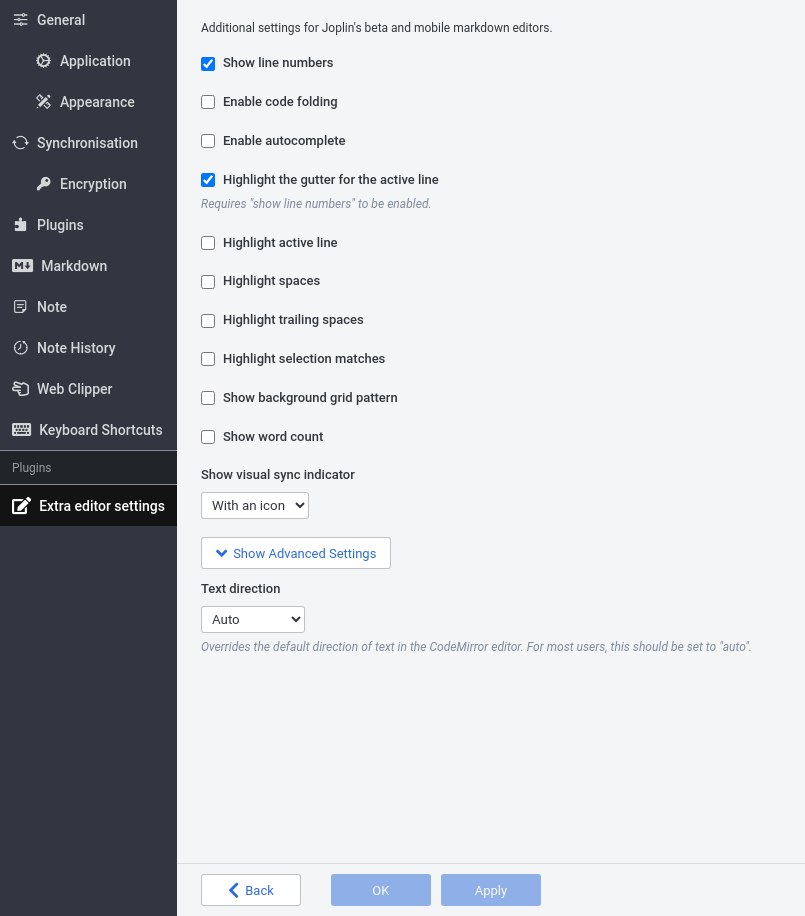 Screenshot of Joplin Desktop's settings screen for the Extended Markdown editor settings plugin