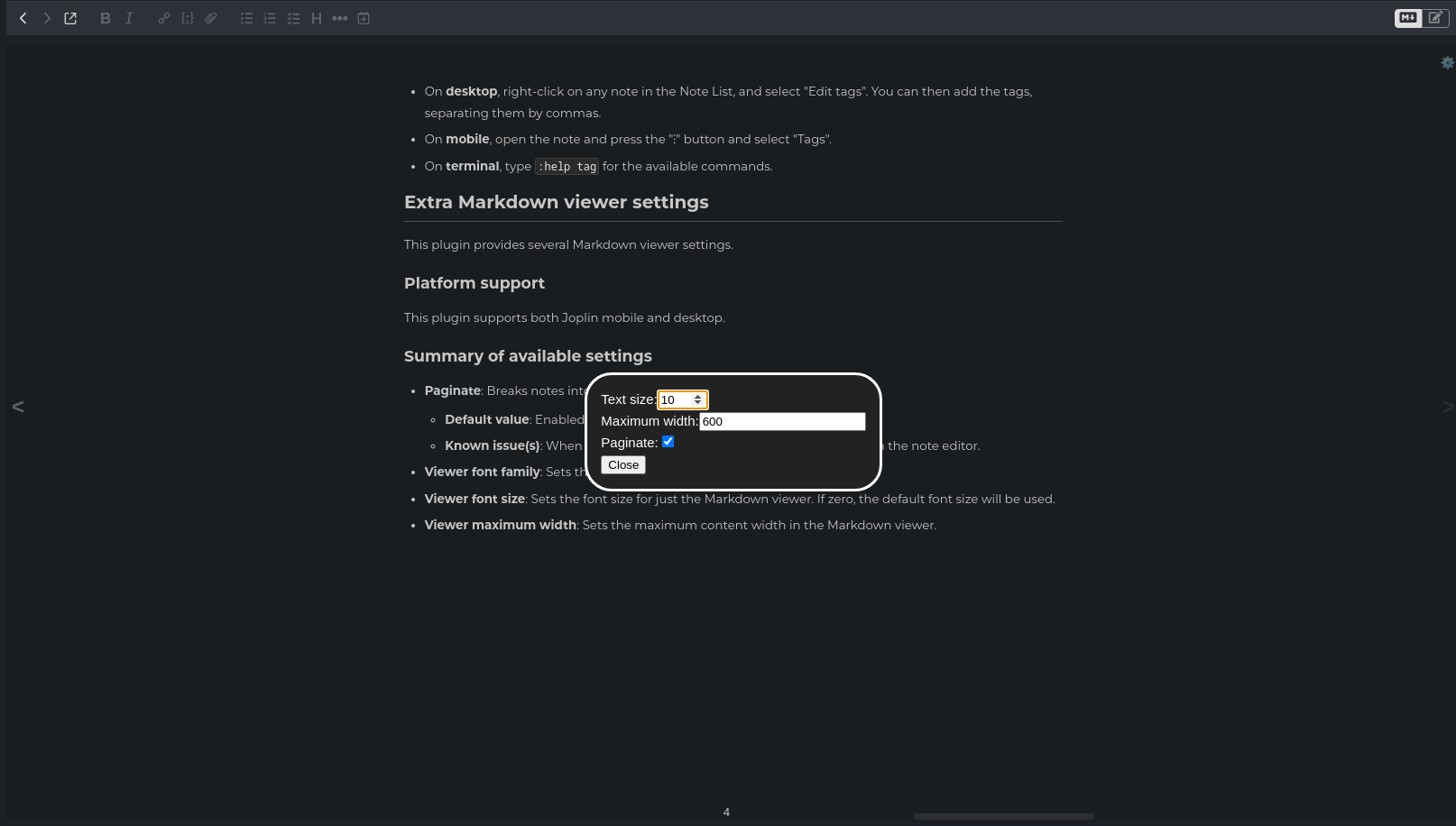 Screenshot: Shows a settings dialog above the editor including font size and pagination settings