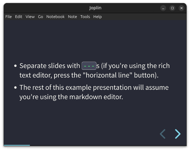 Screenshot: A Joplin plugin window showing a slideshow in dark mode. States that slides are separated by ---s.