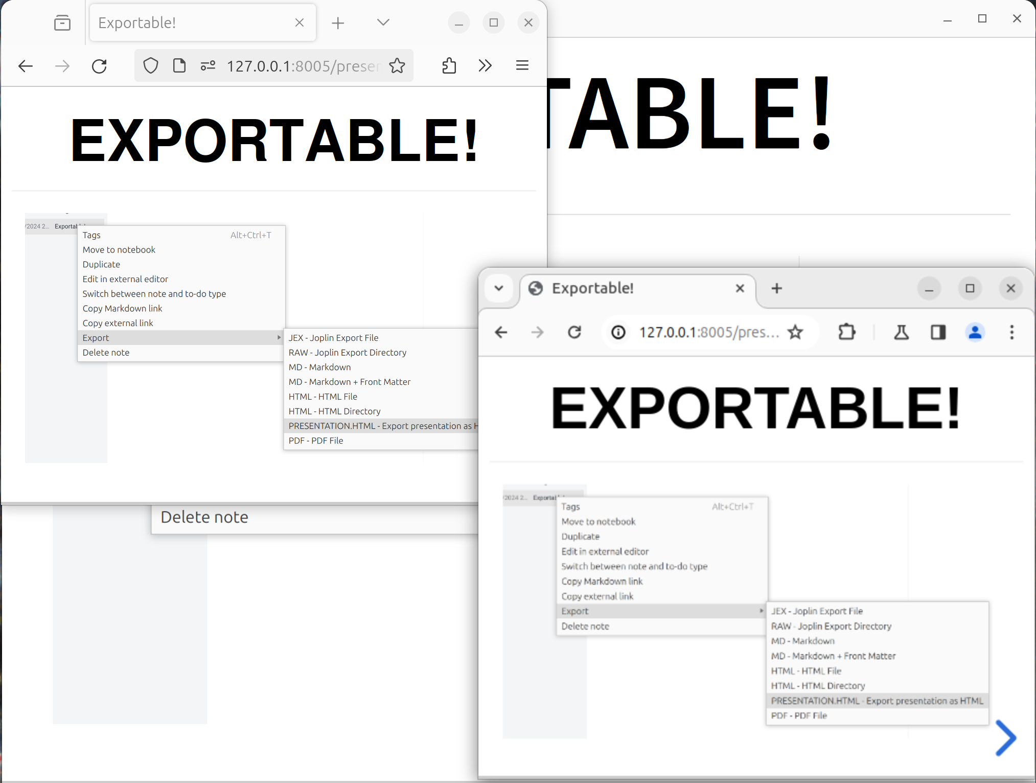 Screenshot: Shows multiple presentations running at once, some in web browsers. The presentation has a heading of 'Exported!' and shows the export section of a right-click menu for a note, with the PRESENTATION.HTML option highlighted.