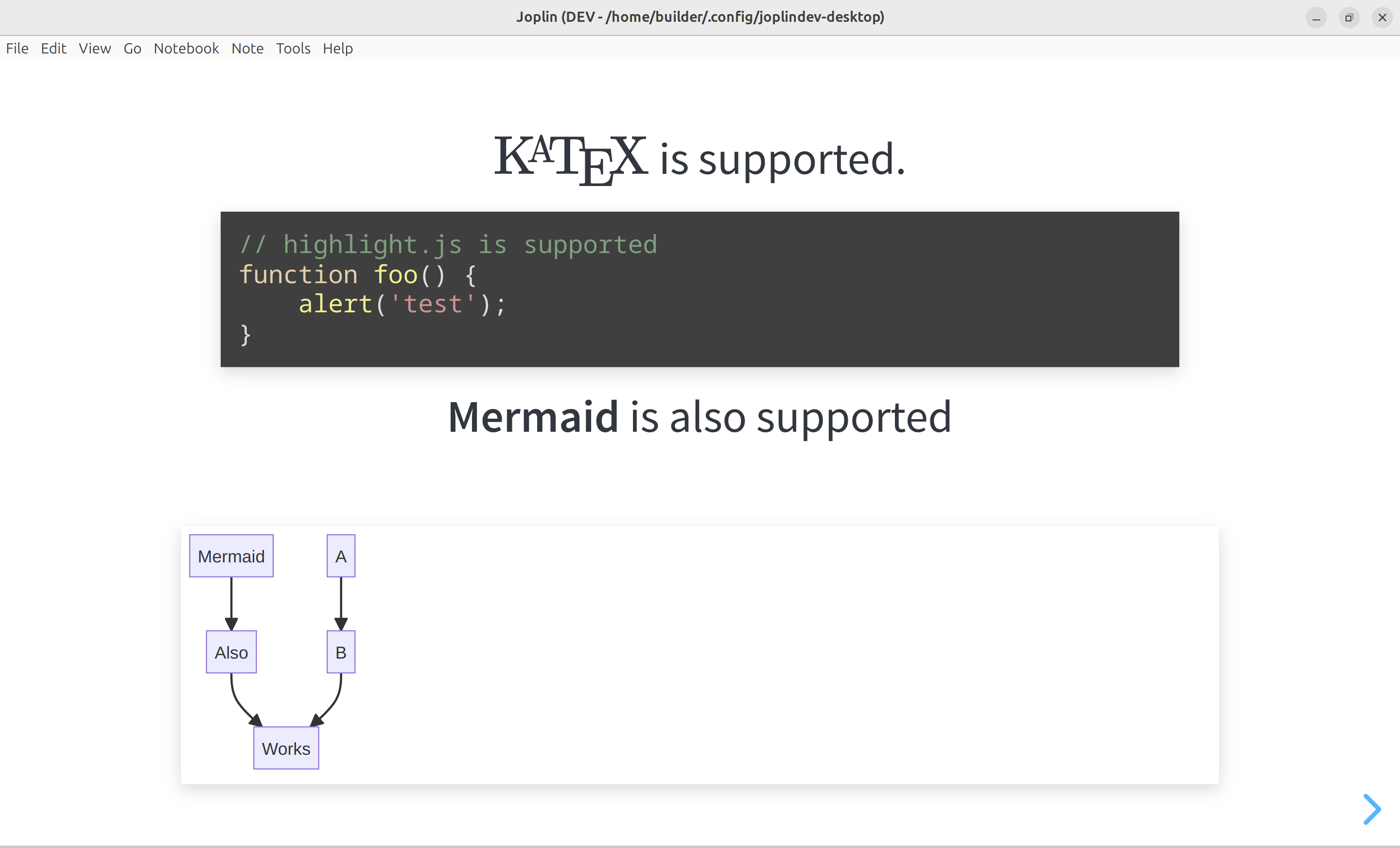 Screenshot: A Joplin plugin window showing a slideshow. The current slide states that KaTeX, highlight.js, and Mermaid are supported.