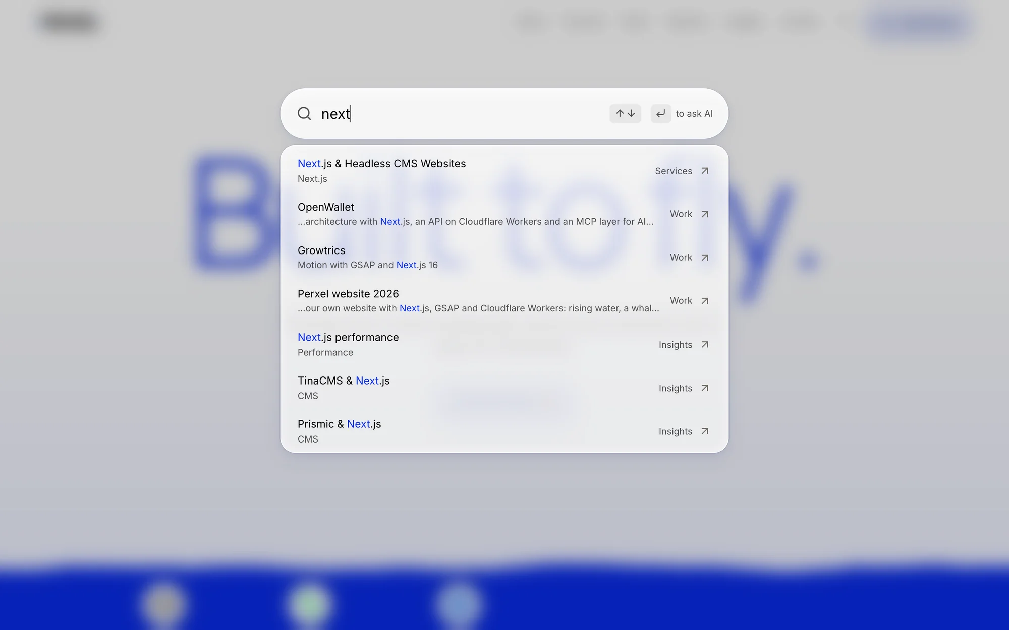 The liquid skin on perxel.com: results as you type "next", the typed word marked in each row