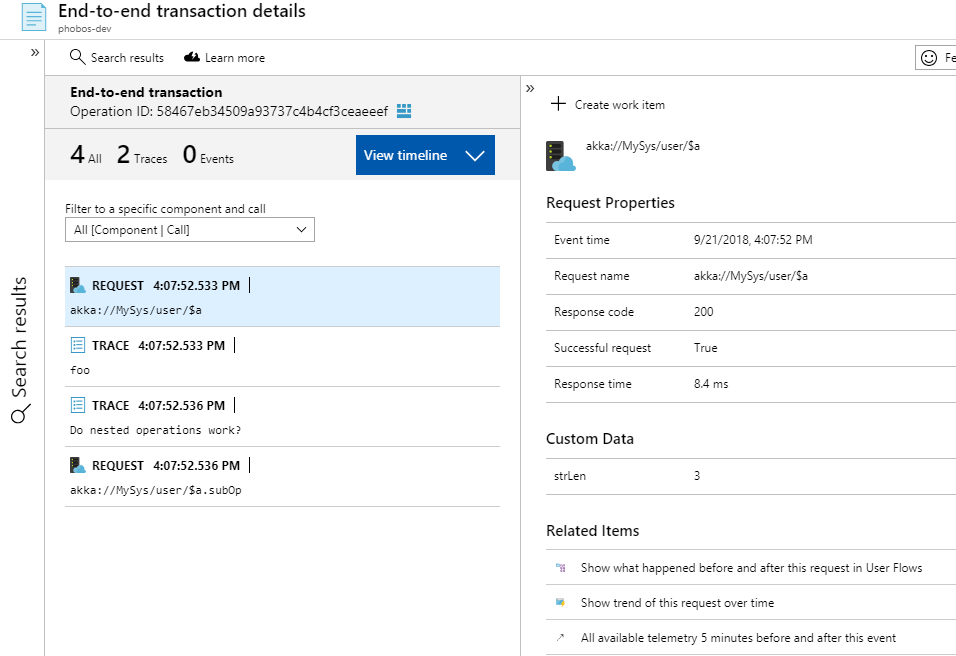 Petabridge.Tracing.ApplicationInsights trace shown inside end-to-end transaction details inside Application Insights