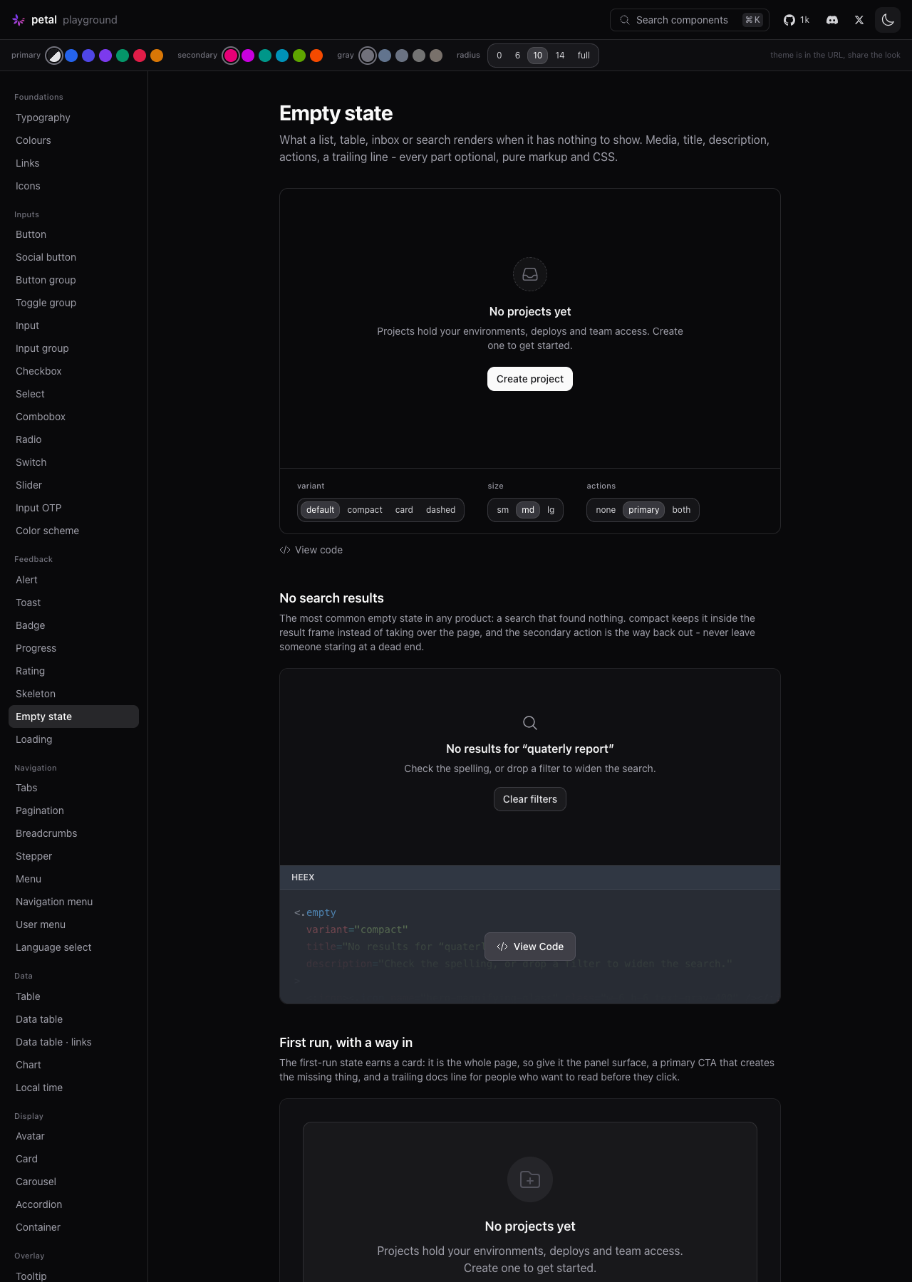 Empty state, dark mode