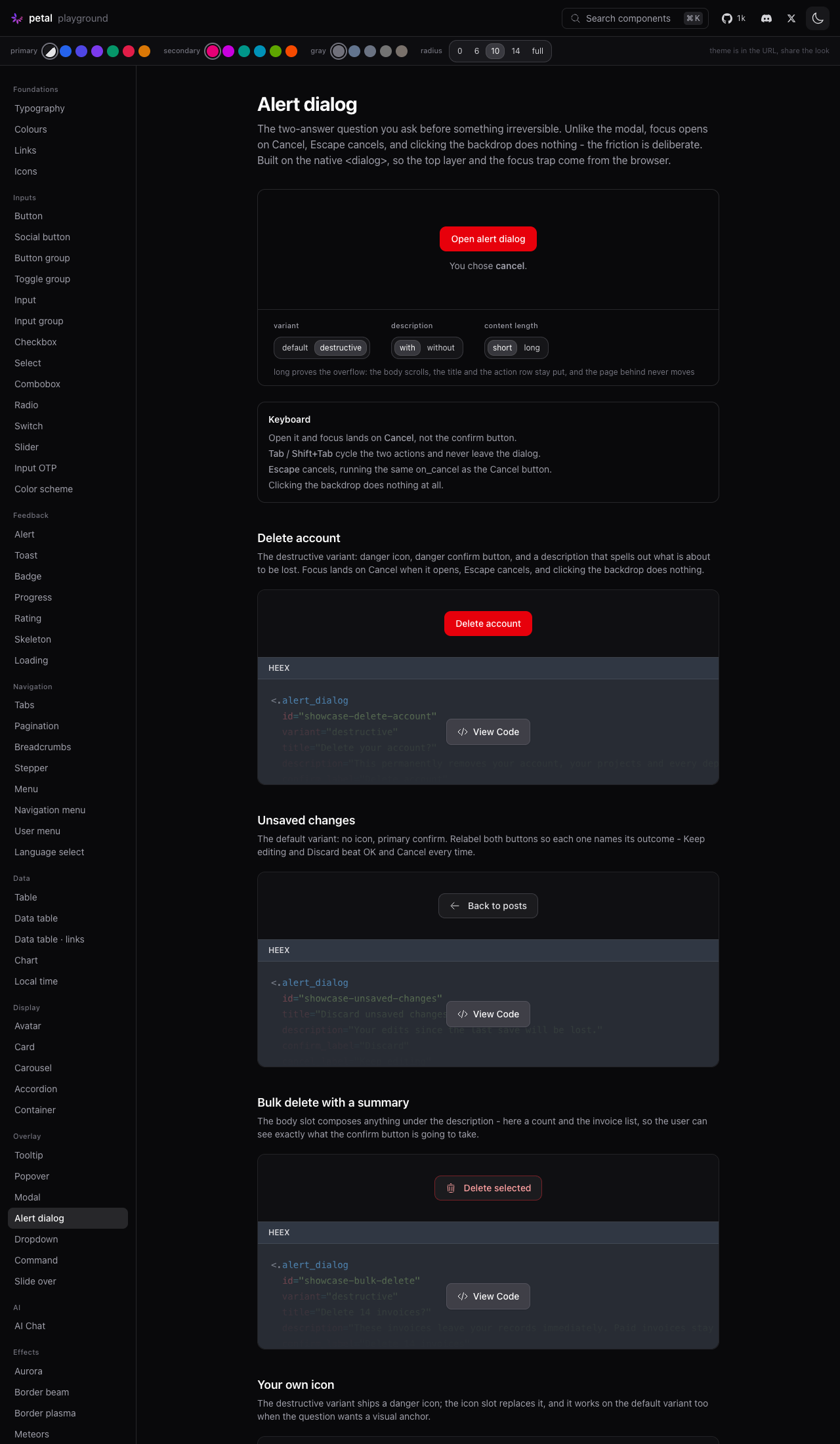 Alert dialog page, dark